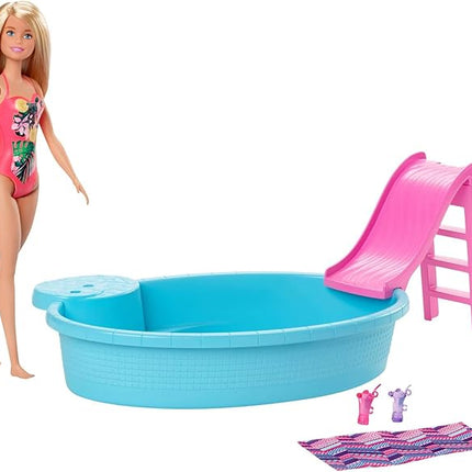 Barbie Doll & Pool Playset with Pink Slide, Beverage Accessories & Towel, Blonde Fashion Doll in Tropical Swimsuit