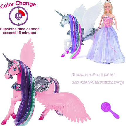 Yellow River Color Changing Unicorn & Princess Doll, Color Change on Whole Unicorn Under Sunshine, 12'' Doll and 11'' Unicorn Toys & Gifts with Removable Saddle & Wings for Girls