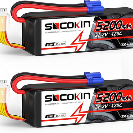 6S 5200mAh Lipo Battery 22.2V Lipo RC Battery with EC5 Connector Plug Soft Case for RC Car Airplane Quadcopter Helicopter Truck Boat Hobby (2 Packs)