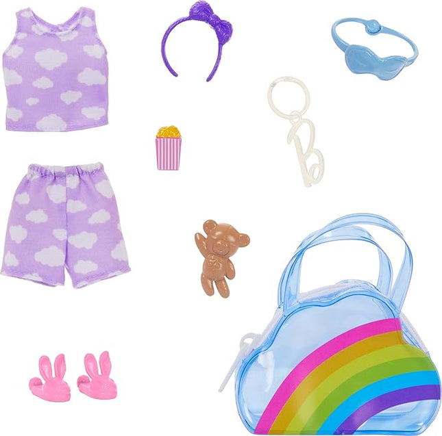 Barbie Clothes & Accessories, Deluxe Keychain Rainbow Bag with Pajamas & Slumber Party-Themed Accessories for Fashion Dolls Like Slippers