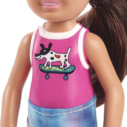 Barbie Chelsea Doll (6-inch Brunette) Wearing Sparkly Skirt, Molded Unicorn Top & Green Shoes, Gift for 3 to 7 Year Olds