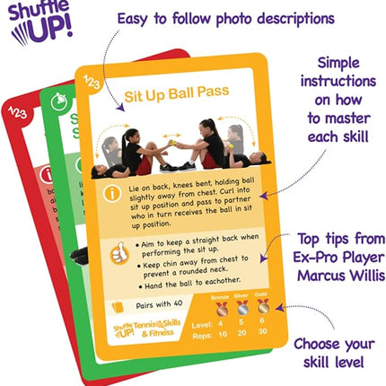 Shuffle Up Tennis Card Games - 70+ Fun & Active Skills Cards for Kids, Fitness Cards Develop Fundamentals, Stamina & Strength, Easy to Play for Kids | Multiple Skill Level Cards Include 2 Dices