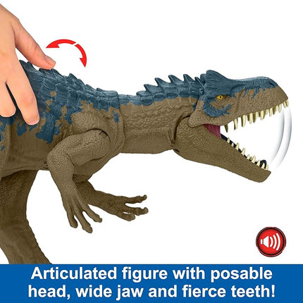 Mattel Jurassic World Ruthless Rampagin Allosaurus Dinosaur Toy, Action Figure with Continuous Chomp Attack & Roar Sounds, Button Activated Evolved Battle Spikes