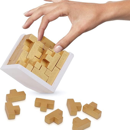 Original 3D Wooden Brain Teaser Puzzle: Engaging 3D Puzzle Box for Kids 8-12 & Adults, Desk Toys Delight, Challenging Games & Wooden Puzzles for Adult Brain Boost (Golden Edition)