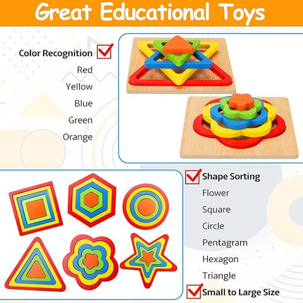 Toddler Puzzles Montessori Toy Wooden Shape Sorting Puzzle Sensory Toy Toddler Activities Preschool Learning Educational Autistic Developmental 1 2 3 Year Old Girl Boy 1-3 Dementia Game Easter Gift