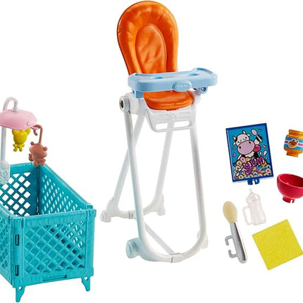 Barbie Babysitting Playset with Skipper Friend Doll, Color-Change Baby Doll, High Chair, Crib and Themed Accessories for 3 to 7 Year Olds