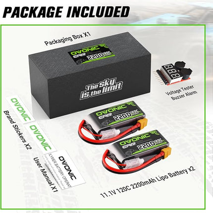 OVONIC 3S Short LiPo Battery 11.1V 2200mAh 120C with XT60 Plug for RC Car RC Truck Airplane Helicopter Boat Car Racing RC Hobby [2 Packs][77" D x 34" W x 26" H mm](with Lipo Voltage Checker)