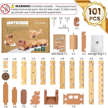 Jovi-mindly＆Notchies Space Wooden Blocks Set 101 PCS Create 40+ Shapes,Toys Educational Wooden Building Blocks Puzzles for Kids Ages 5-8 Boys and Girls,Truck/Excavator,FSC Certified