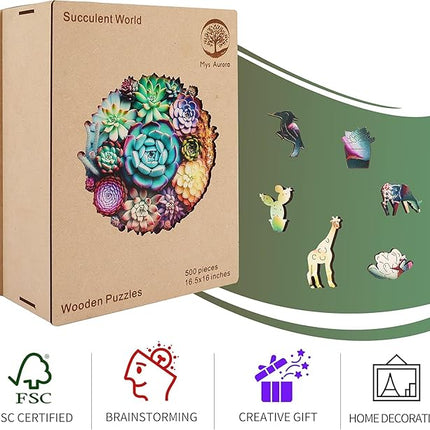 Mys Aurora Unique Wooden Jigsaw Puzzles - Mandala Succulent Plants, 500 Pcs King Size 16.9'' x 16.3'', Luxurious Shaped Wood Puzzle, Beautiful Package, Best Gift for Adults and Kids, Family Game