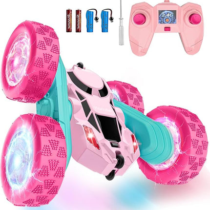 Pink Remote Control Car for Girls,Double Sided 360°Flip, with Headlights, Girl Princess Toys Rechargeable Toy Car for 6-7 6-8 9 10-12 Year Old Girls Birthday