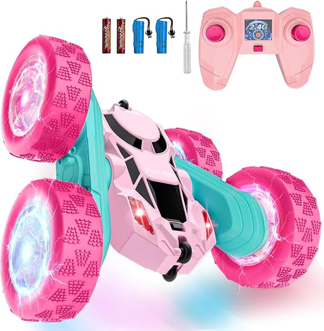 Pink Remote Control Car for Girls,Double Sided 360°Flip, with Headlights, Girl Princess Toys Rechargeable Toy Car for 6-7 6-8 9 10-12 Year Old Girls Birthday