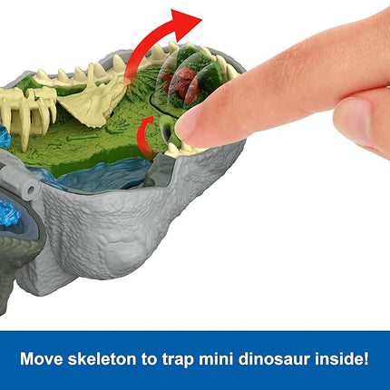 Mattel Jurassic World Rebirth Micro Adventure Playset, Tyrannosaurus Rex Head Opens to 4 Interactive Features, 3 Micro Figures, T. Rex Dinosaur Toy