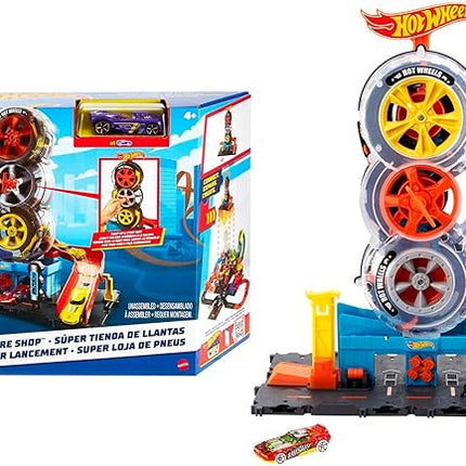 Hot Wheels City Super Twist Tire Shop Playset, Spin The Key to Make Cars Travel Through The Tires, Includes 1 Car, Gift for Kids 4 to 8 Years Old (Amazon Exclusive)