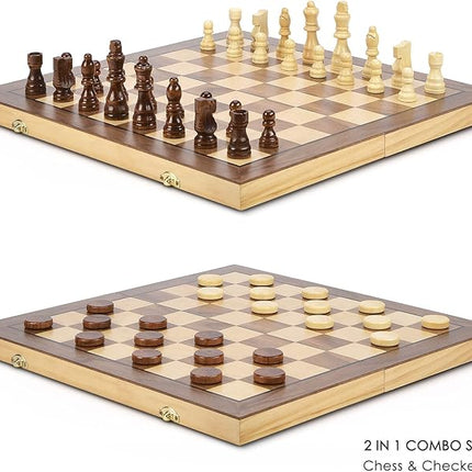 AMEROUS 15'' Magnetic Wooden Chess & Checkers Game Set -2 Extra Queens -24 Cherkers Pieces - Chessmen Storage Slots, Beginner Chess Set for Kids and Adults, Classic 2 in 1 Board Games