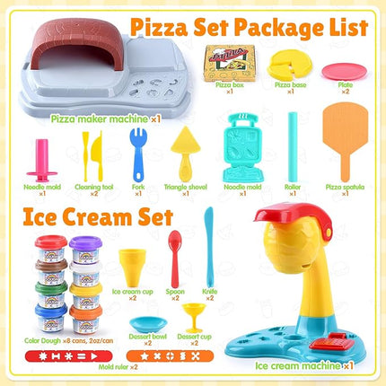 2 in 1 Color Dough Sets for Kids Ages 2-4-8, Kitchen Creations Ice Cream Pizza Maker Machine, Art Crafts Play Food Toys for 3 Year Old Girls Boys and Up, 8 Cans of Modeling Compound Dough,2 oz Cans
