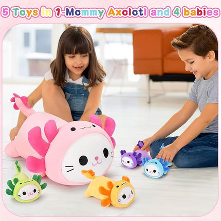 5 PCS Axolotl Cat Plush Stuffed Animal Family-19" Soft Axolotl Cat Plush, Large Mommy Plushies with 4 Baby Kittens Plushies for Kids, Kawaii Plushie Toy Christmas Birthday Gifts for Kids Boys Girls