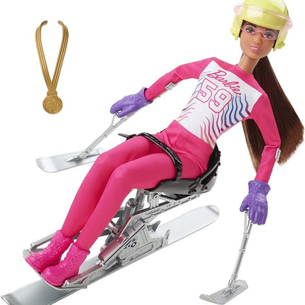 Barbie Careers Doll & Accessories, Winter Sports para Alpine Brunette Skier Doll Wearing Removable Outfit with Sit Ski, Poles & More