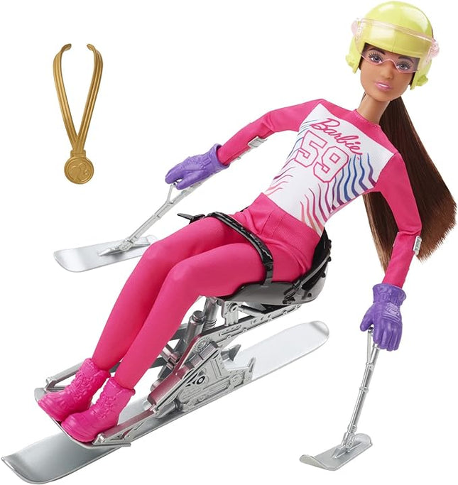 Barbie Careers Doll & Accessories, Winter Sports para Alpine Brunette Skier Doll Wearing Removable Outfit with Sit Ski, Poles & More