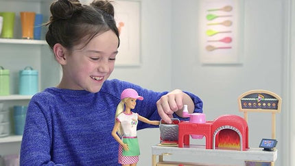 Barbie Careers Playset, Blonde Pizza Chef Doll with Toy Oven & Counter with Sliding Conveyer Belt, Molds, 3 Dough Colors & Accessories