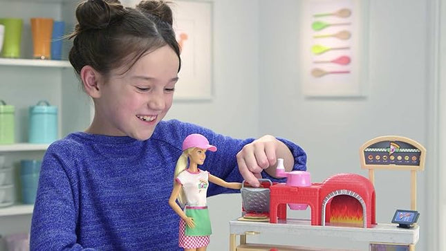 Barbie Careers Playset, Blonde Pizza Chef Doll with Toy Oven & Counter with Sliding Conveyer Belt, Molds, 3 Dough Colors & Accessories