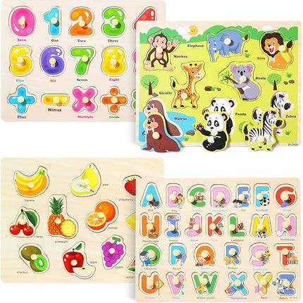 GRINNNIE Wooden Peg Puzzle for Toddlers 3 4 5 Years Old, 4 PCS Montessori Educational Learning Puzzles Set-Numbers, Letters, Animals and Fruits, Great Preschool Gifts for Girls and Boys