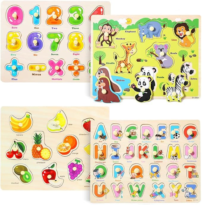 GRINNNIE Wooden Peg Puzzle for Toddlers 3 4 5 Years Old, 4 PCS Montessori Educational Learning Puzzles Set-Numbers, Letters, Animals and Fruits, Great Preschool Gifts for Girls and Boys