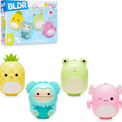 BLDR Squishmallows Buildable Figure Multipack - Maui the Pineapple, Joelle the Bigfoot, Wendy the Frog, Archie the Axolotl - Squishmallows Fans 8+, 0140