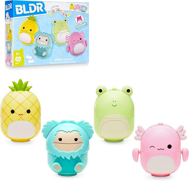 BLDR Squishmallows Buildable Figure Multipack - Maui the Pineapple, Joelle the Bigfoot, Wendy the Frog, Archie the Axolotl - Squishmallows Fans 8+, 0140