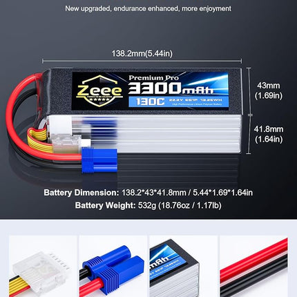 Zeee Premium Pro 6S Lipo Battery 3300mAh 22.2V 130C Ultra-Low IR Soft Pack Lipo Battery with EC5 Connector for RC Drone Car Truck Boat Helicopter Airplane Racing Models (2 Packs)