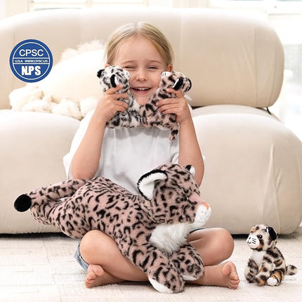 MorisMos Pink Cheetah Stuffed Animal with Babies,18" Large Mommy Leopard with Cub Plushies,Mama & Baby Leopard Stuffed Animals Set,Realistic Cheetah Toys Gift for Girl Kid Birthday Jungle Party Decor