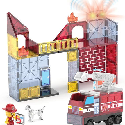 MAGNA-TILES Fire Station 50-Piece Magnetic Construction Set, The Original Magnetic Building Brand