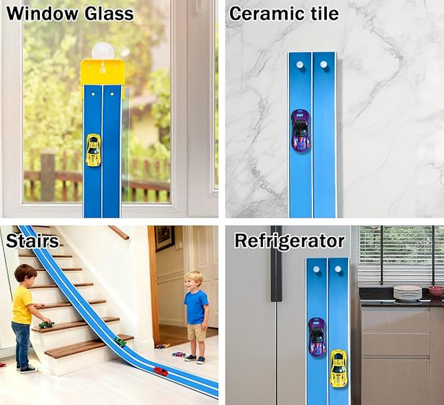 15 Ft Flexible Race Car Track (Daytona Blue) for Kids,Flex Track Starter Set Compatible with Hot Wheels and Diecast 1/64th Cars,Portable Racetrack Roll Up Race Track with 4 Racecars and Suction Cups