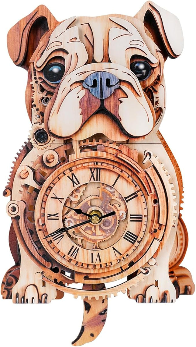 3D Wooden Puzzles for Adults Bulldog Clock - Model Building Kit ‌‌Wall Clock Puzzle Creative Craft Gift Home Deco for DIY Enthusiasts, Brain Teaser Building Set Birthday Gifts