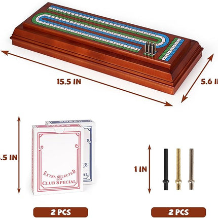 Wooden Cribbage Board Game Set with Large Storage Area, Solid Wood 3 Track Cribbage Board, 9 Metal Pegs, 2 Playing Cards and Instruction. Travel Family Game Night Travel Cribbage Sets for All Ages