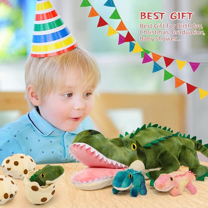 MorisMos Plush Alligator Stuffed Animal with Babies,23.6'' Mommy Stuffed Alligator with 3 Baby Crocodile Animals & 3 Plush Eggs,Lifelike Crocodile Toys for Kid 3-5 Birthday Decor