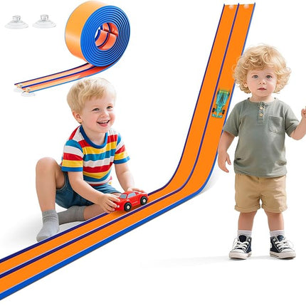 15 Ft Flexible Race Track for Kids – Portable Car Race Track Starter Set with Suction Cups, Rolls Up Easy, Compatible with 1/64 Diecast Cars, Birthday Gift for Boys & Girls Ages 3+ (Orange&Blue)