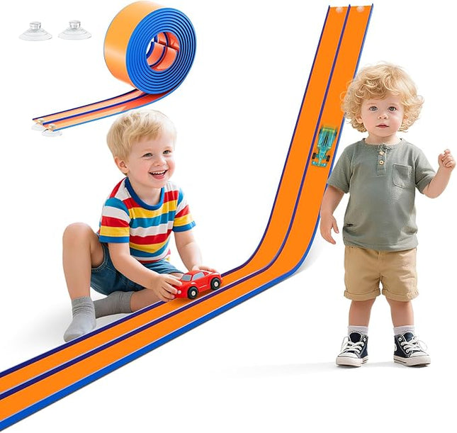 15 Ft Flexible Race Track for Kids – Portable Car Race Track Starter Set with Suction Cups, Rolls Up Easy, Compatible with 1/64 Diecast Cars, Birthday Gift for Boys & Girls Ages 3+ (Orange&Blue)