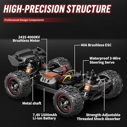 1/18 Brushless RC Car for Adults & Kids, 52KM/H Fast Multi-Terrain Off-Road RC Truck, 2.4GHz Remote Controller and 2 x 7.4V 1500mAh Li-on Batteries