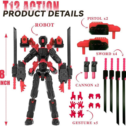 (Assembly Completed) 8 inch T13 Action Figure Set,T 13 Action Figure Multi-Articular Mobile Robot Nova T-13,Desktop Decorations for Game Lovers Toys (Black Red)