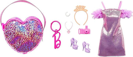 Barbie Clothes Set, Birthday-Themed with Dress, 5 Acessories & Zippered Doll-Sized Heart-Shaped Bag with Clip-On Ring