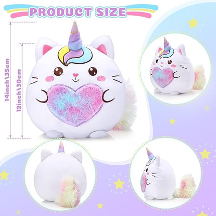 Leyndo Stuffed Unicorn Pillow Plush 14 Inch Cat Plush Toy Unicorn Cat Stuffed Animal Birthday Kitty Plushies Pillow for Christmas Birthday Kids Toddlers Girls Boys Room Sofa Car Decor(Cute)