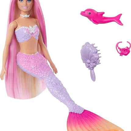 Barbie Mermaid Doll, “Malibu” with Pink Hair, Styling Accessories, Pet Dolphin and Water-Activated Color Change Feature (Amazon Exclusive)