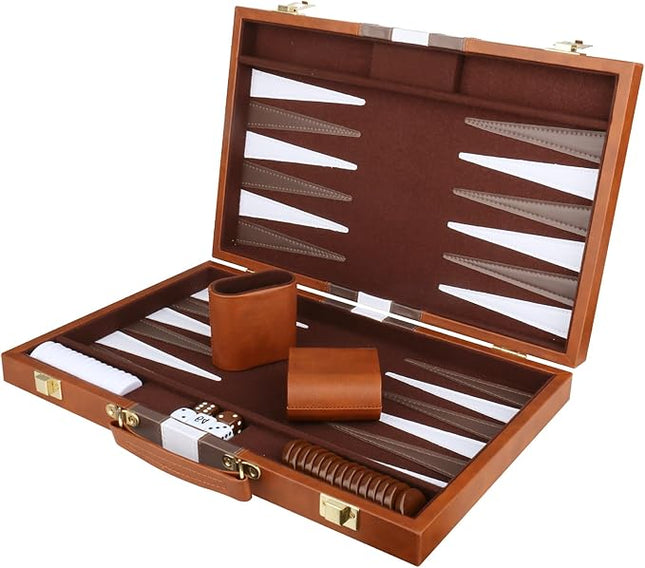 Backgammon Set - Classic Board Game with Premium Leather Case - Portable Travel Strategy Backgammon Game Set for Adults, Kids (11inch, Brown)