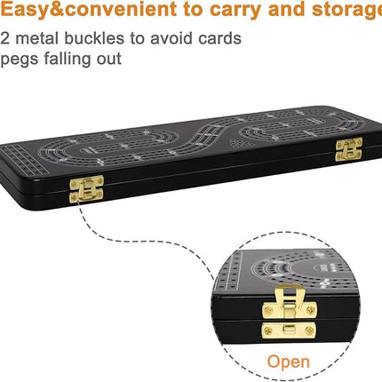 Cribbage Board Game Set 3 Tracks, 2 Storage Area, with 9 Metal Pegs,2 Decks of Playing Cards and Instruction, Wooden Travel Portable Cribbage Game Sets