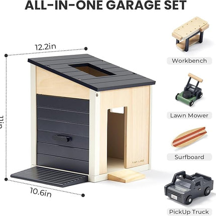 Tiny Land Wooden Dollhouse Garage Set – Realistic Design with Garage, Workbench,Lawn Mower & SUV Car, Expansion Dollhouse Furniture & Accessories for Doll house, Educational Pretend Play Gift for Kids