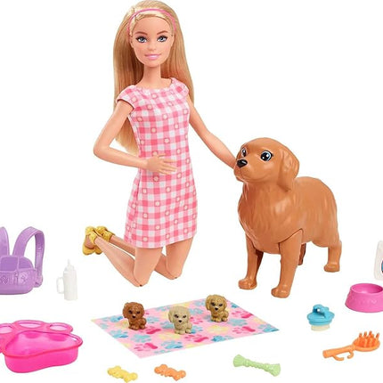 Barbie Doll & Pets Set, Blonde with Mommy Dog, 3 Newborn Puppies with Color-Change Feature & Pet Accessories