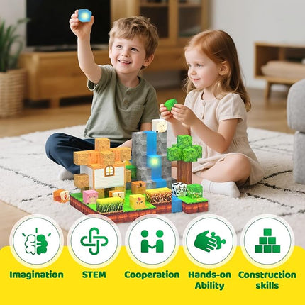 Magnetic Blocks - 138 PCS Building Blocks Set with 3 Light-Up Blocks, STEM Construction Cubes Toys for Kids 4-8, Toddler Sensory Stacking Toys, Christmas Birthday Gift for Boys and Girls Ages 3+