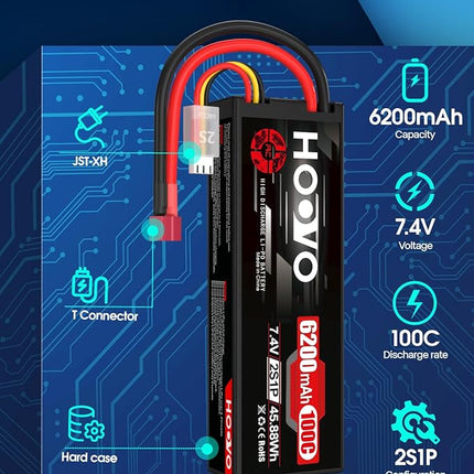 HOOVO 2S Lipo Battery,7.4V 6200mAh 100C LiPo Battery RC Pack Hard Case with T Plug Compatible with RC Buggy Vehicles Car Boat Truck, 2 Pack