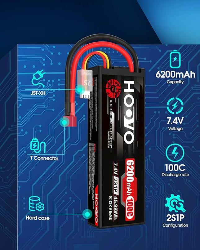 HOOVO 2S Lipo Battery,7.4V 6200mAh 100C LiPo Battery RC Pack Hard Case with T Plug Compatible with RC Buggy Vehicles Car Boat Truck, 2 Pack