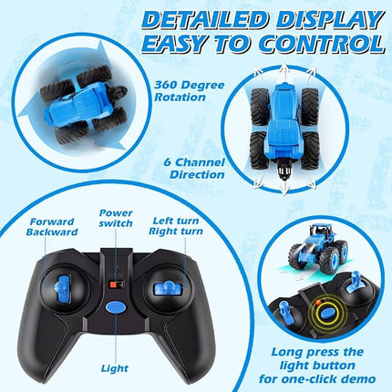 Remote Control Monster Tractor Toy for 3, 4, 5, 6, 7 years old, Blue Light Up Monster Trucks Toy with LED Lights Toddlers RC Farm Vehicle Toys for Boys ＆ Girls Ideal Christmas, Birthday Gifts for Kids